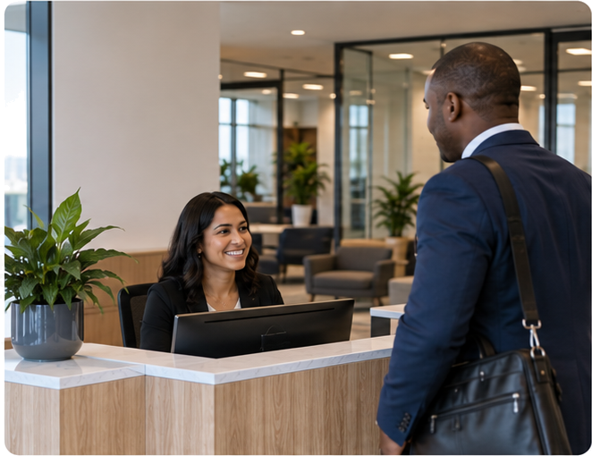 A client arriving at an EMA reception desk